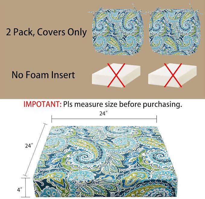 Magpie Fabrics Indoor Outdoor Cushion Cover Replacement 2 Pack, NO Insert! Water Repellent Slipcover with Ties Decor for Patio Garden Chair Seat Sofa Bench Wicker(Paisley Lapis Green, 24x24x4 Inch)