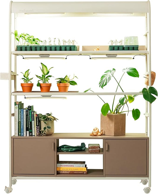 Vego Garden 4 Tier Pro Rolling Metal Corner Plant Stand Indoor with Grow Light, Display Shelf with Storage & Full Spectrum LED Grow Light, Plant Rack for Seed Starting, Leafy, Herbs, Fruits & Microgreens
