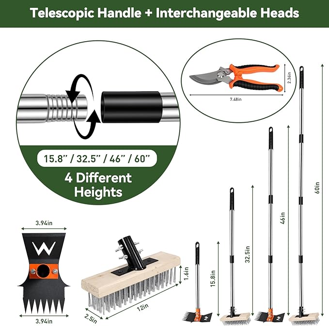2-in-1 Weed Puller Tool & Moss Scrub Brush Set with 60" Adjustable Handle | Quick-Change Garden Hoe, Weed Puller & Concrete Brush for Patio Cleaning and Weed Removal with Pruning Shears & Gloves