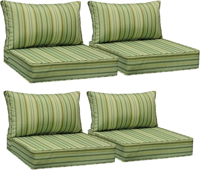 AAAAAcessories Outdoor Seat Cushions for Chairs, Fade-Resistant, Waterproof Patio Furniture Replacement Cushions, 25.5" x 25.5" x 5" + 25.5" x 13.5", Set of 4, Mossy Forest Stripe