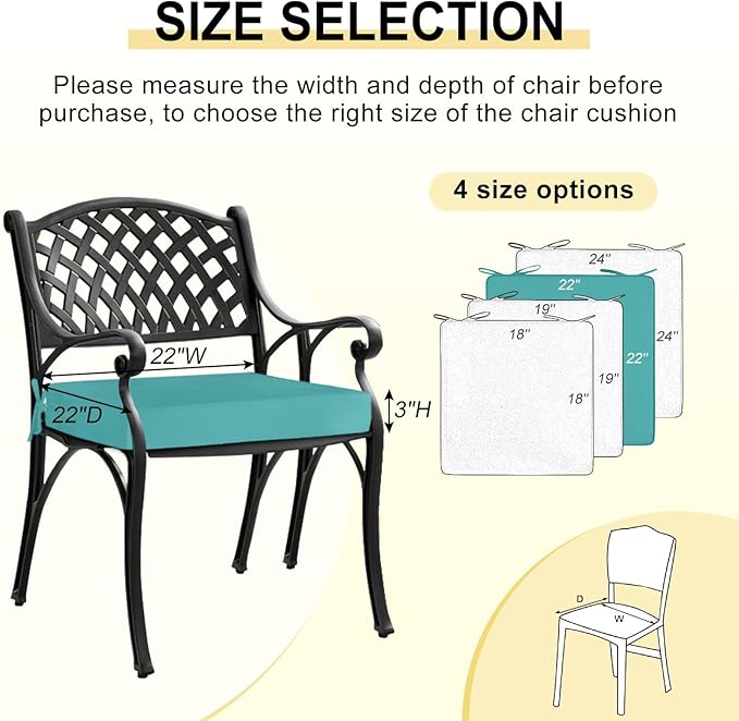 downluxe Waterproof Outdoor Chair Cushions for Patio Furniture, 22" x 22" x 3" Patio Chair Cushion with Adjustable Ties & Portable Handle, Square Outdoor Cushion with Removable Cover, Teal, 2 Pack