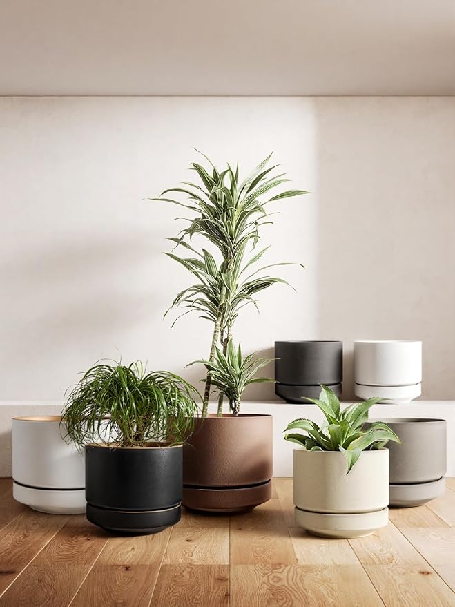 LE TAUCI 14 Inch Large Plant Pot with Saucer, Ceramic Outdoor & Indoor Big Planter with Drainage Hole, Mesh Pad & Plug Included, Unglazed Porous, Modern for Home and Patio, Charcoal Gray