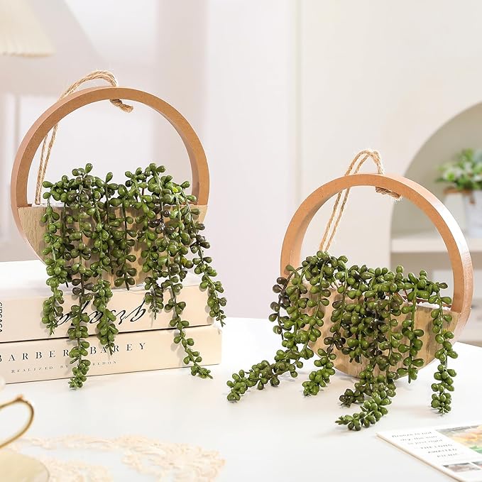 2 Pack Fake Plants, Large Artificial Hanging Plants Hanging Planter Fake Succulents Artificial String of Pearls with Pot and Lanyard for Living Room Bathroom Home Office Wall Decoration