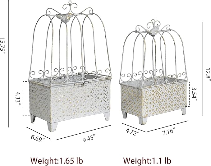 2-Piece Vintage White Metal Birdcage Planter Set, Decorative Flower Pots with Ornate Design for Indoor Outdoor Garden Decor, Distressed Planters (White)