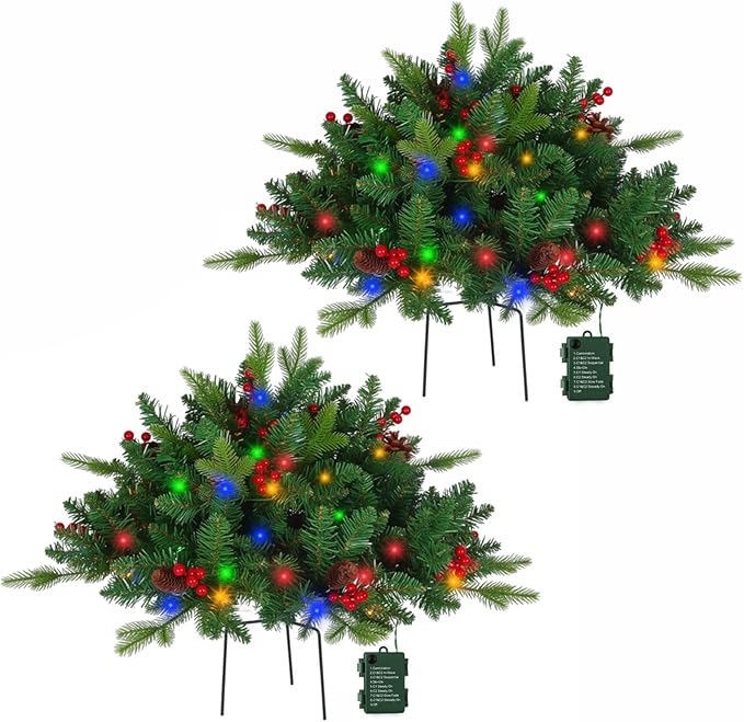 JOYHALO 2 Pack Set 30Inch Christmas Urn Filler with 40 Lights in Warm White and Multicolor, Christmas Pot Fillers with PVC&PE Branches, Outdoor Xmas Trees for Porch Pathway Entryway Yard Decorations