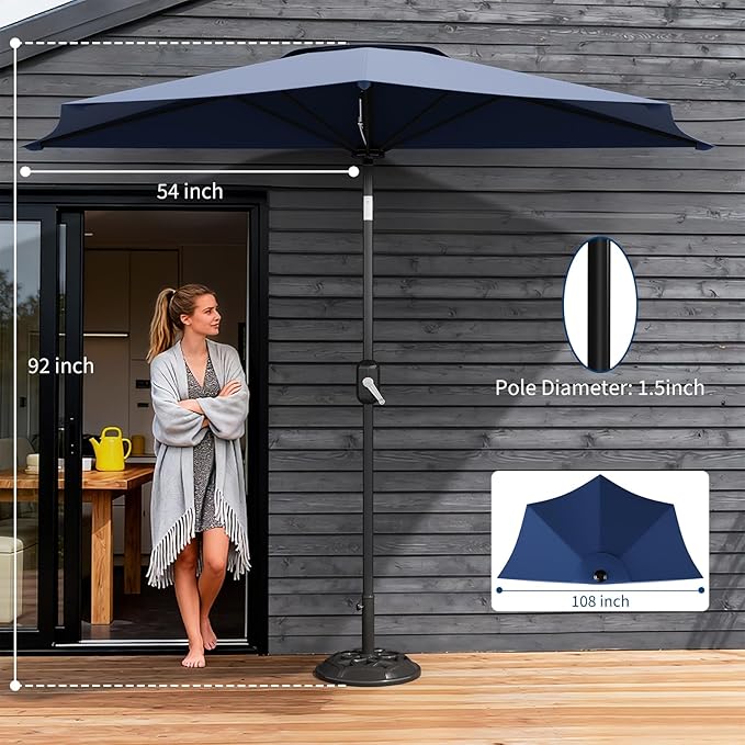 Garvee Patio Umbrella 9FT - Half Umbrella Outdoor with Smooth Crank Lift, Outdoor Shade Canopy for Patio, Backyard, Garden, Deck, Balcony -Navy Blue