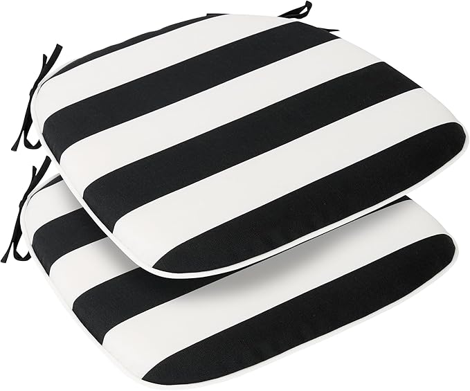 FUNHOME 17"x16"x2" Outdoor Chair Cushions Set of 2, Water Resistant Patio Chair Pads with Ties, Seat Cushions for Home Garden Furniture Decoration-Black White Stripe