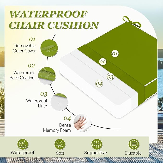 Waterproof Outdoor Chair Cushions Set of 2, Square Outdoor Seat Cushions with Ties and Removable Covers, 22 x 22 Outdoor Cushions for Patio Furniture with Portable Handle(Grass Green/White)