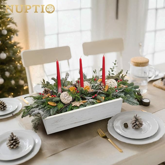 NUPTIO Flower Box Rectangle Centerpieces: 6 Pcs 11.8" Long Wood Vase Boxes Small Rustic Washed White Centerpiece Box for Wedding Tables Fall Decor