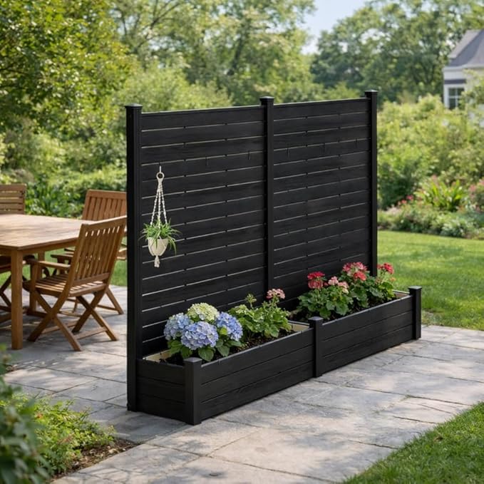 Kozyard 2Pack Privacy Screen with Planter, 70" H x 51" W Outdoor Garden Screen, Waterproof Aluminum Frame with Thick Wood-Plastic Boards, Decorative Privacy Screen for Patio, Balcony & Backyard Gray