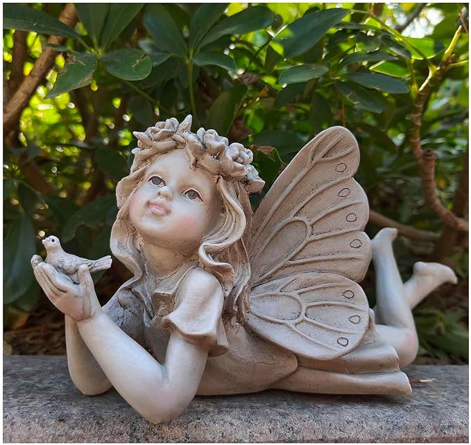 Fairy Garden Decor - Angel Holding a Bird Garden Statues for Outside, Resin Fairies for Fairy Garden, Cute Yard Ornaments Outdoors, Ideal Gifts for Mom and Grandma, 11” Width