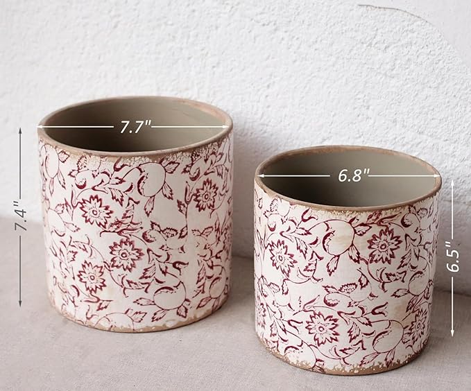 Decorative Planter Cachepot for Indoor Plants & Artificial Flowers, 6.8 Inch Distressed Pottery Vintage Rustic Ceramic Flower Pots, French Country Bookshelf Tabletop Home Decor, Gift (Burgundy)