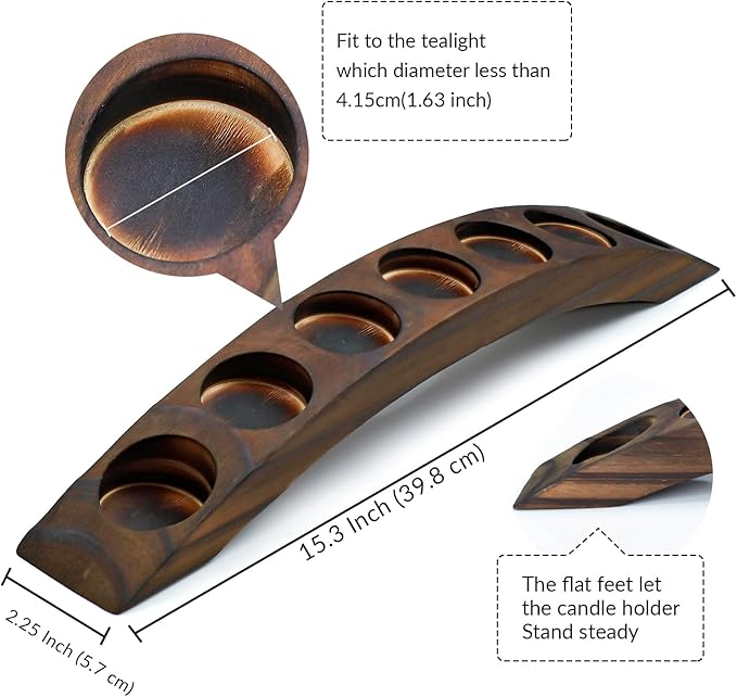 Long Wooden Bridge Tealight Candle Holder, 7 Holes - Candle Centerpieces for Tables - Rustic Wooden Color