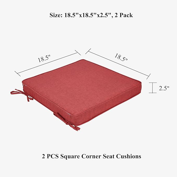 FUNHOME Indoor/Outdoor Chair Cushions Set of 2, 18 x 18 x 2.5 Inch Square Corner Outdoor Cushions for Patio Furniture,2 Packs Patio Chair Cushions with Ties-Sangria Red