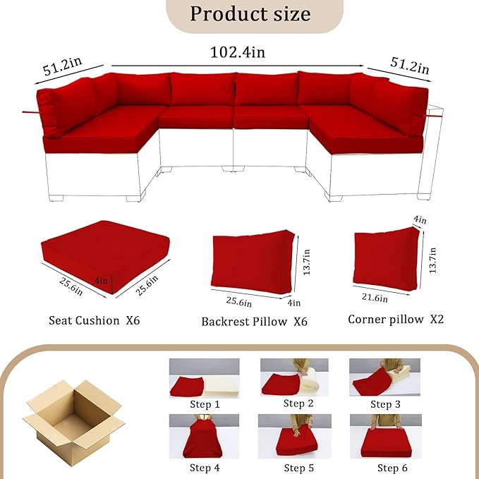 14 Pieces Outdoor Sectional Replacement Cushions for Patio Furniture, 4in Thick Outdoor Sofa Cushions for 6 Seat, Waterproof Deep Seat Couch Patio Cushion Set (Red)