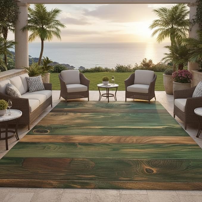 Green Brown Old Wooden Board Print Outdoor Area Rug for Patio Deck Balcony Backyard Porch Garden Durable Farmhouse Rugs 3x8 Natural Wood Grain Outdoor Carpet Anti Slip Waterproof Picnic Camping Mat
