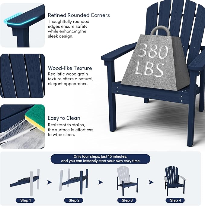 nevilywood Compact Stackable Adirondack Chairs Set of 4, 26.3" Wide HDPE Outdoor Patio Chairs - Durable, Space-Saving Design for Porch, Lawn or Garden, Navy