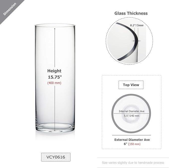 WGV Cylinder Vase Bulk, Width 6", Height 16", Clear Glass Container Terrarium Candle Holder for Wedding Centerpiece, Party Event, Home Office Decor, 6 Pieces