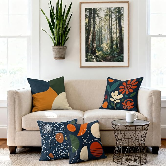 Abstract Pillow Covers 18x18 inch Set of 4, Modern Geometric Line Art Orange Green Blue Cushion Case Outdoor Sofa Throw Pillows Cover Garden Pillow Covers for Couch Living Room Bed Indoors Home Decor