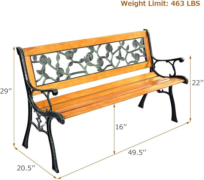 S AFSTAR Outdoor Garden Bench, Outdoor Porch Bench with Rose Cast Backrest & Stable Metal Legs, Weatherproof 2-3 Person Park Bench for Outside Patio Garden Backyard Poolside