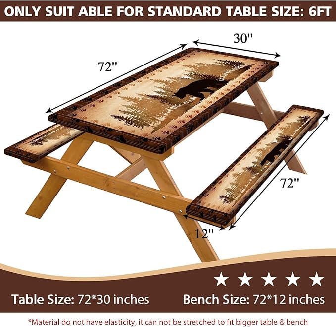 30X60 Inch Brown Bear Picnic Table Cover with Bench Cover and Drawstring Bag, Waterproof Washable Fitted Outdoor Tablecloth Rectangular Elastic Edged for Camping Outdoor Travel, 3 Pieces Set