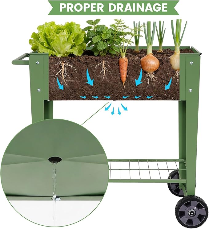 Tall Raised Garden Bed Outdoor with Wheels, Metal Elevated Raised Planter Box with Drainage Holes for Vegetables, Flower, Herbs(Green)