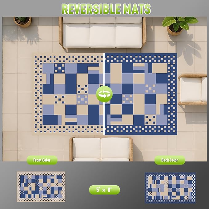 WILDROOTS 5x8 Feet Square Dot Check Plastic Outdoor Rug, Stain Resistant Waterproof Reversible Outdoor Patio Rug, Fade Resistant Camping Rug
