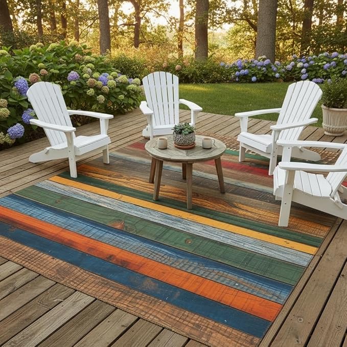 Retro Old Wooden Board Farmhouse Style Outdoor Area Rug for Backyard Balcony Patio Deck Washable Non Slip Outside Carpet Multicolor Wood Grain Waterproof Durable Indoor Outdoor Floor Mats 7x9