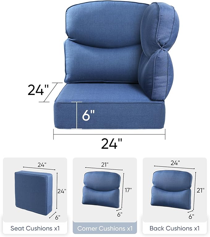 Luxury 24x24x6 Outdoor Corner Cushion 1 Set - Water-Repellent 3-Piece Cushion Set with Zipper for Outside Wicker Sofa Loveseat Chair Sectional Patio Conversation Sets - Navy Blue/Smile