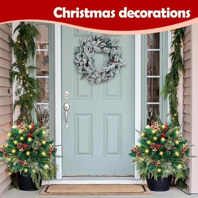 2 Pack Pre-lit Artificial Christmas Tree Urn Filler, Battery Operated Lighted Xmas Tree with Pinecones & Berries, Holiday Planter Filler Outdoor Waterproof Decor for Porch, Garden, Yard