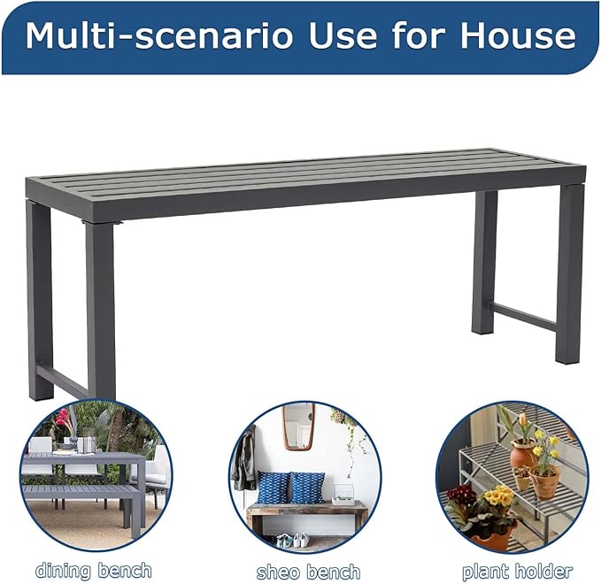 46" Outdoor Metal Backless Bench, All-Weather Patio Garden Bench for Backyard, Porch, or Lawn, Durable Steel Bench for Outdoor Spaces, Grey