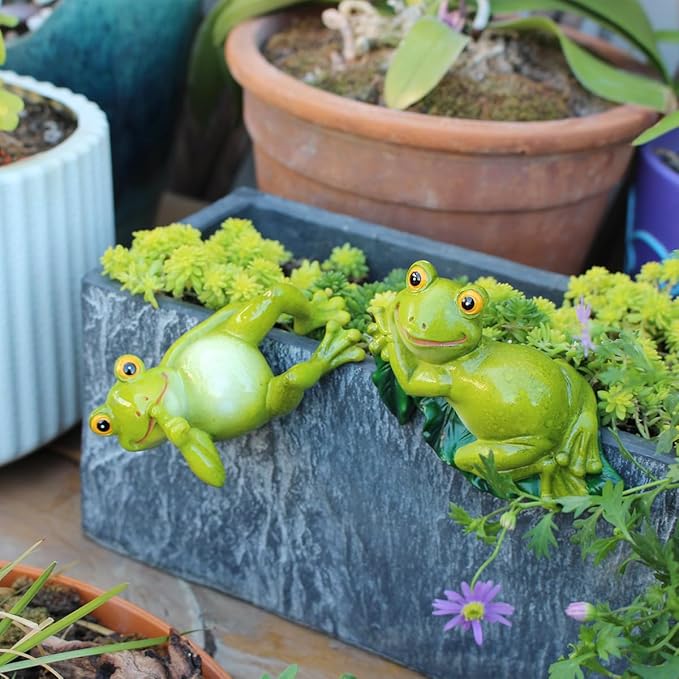 Frog Figure Plant Pot Hanger, Turtle Flower Pot Hugger, Resin Tortoise Statue, Funny Pot Huggers for Planters, Cute Climbing Tortoise Flower Pot Hugger, Garden Fence Balcony Patio Yard (Frog)
