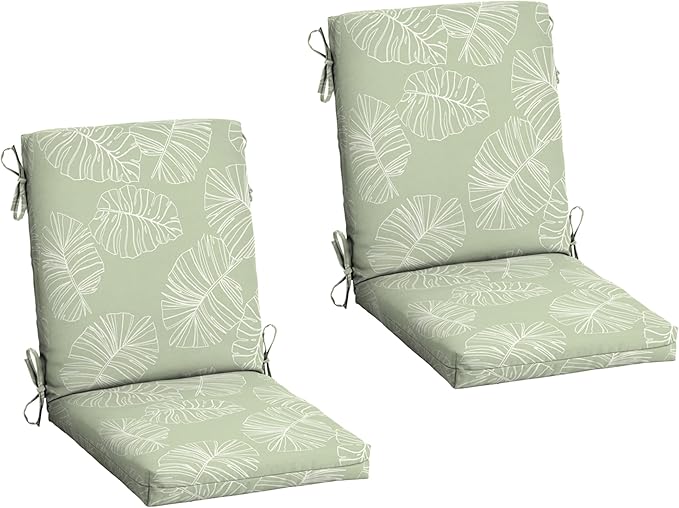Arden 2-Pack Outdoor Patio Dining Chair Cushion, 20x44, Rain-Proof Seat Pad, Fade-Resistant Outdoor Cushion Coastal Green Leaf