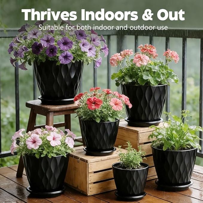 Plant Pots, Self Watering Planters with Drainage Holes and Trays, Flower Pots for Indoor Outdoor - 6 Pack(4/5/6/6.5/7/8 Inch) (Black)