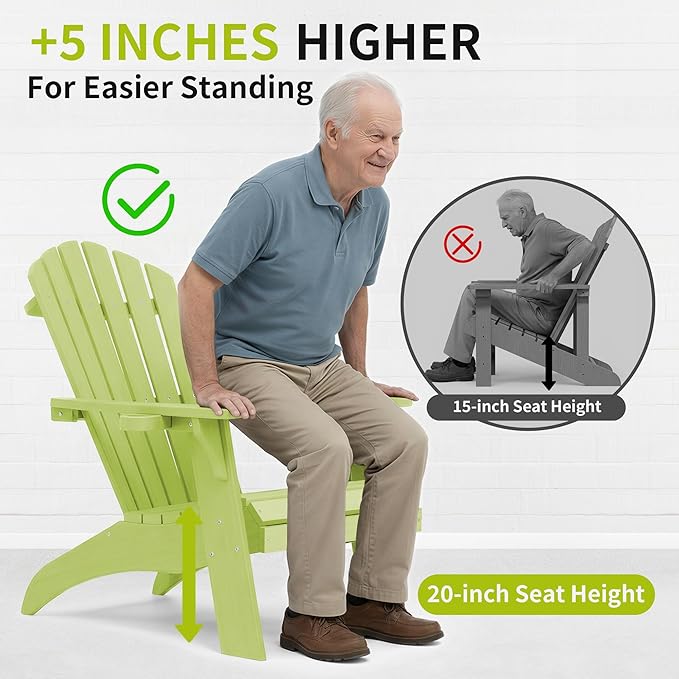 Psilvam Adirondack Chair, Oversized Poly Lumber Fire Pit Chair with Cup Holder, 350Lbs Support Patio Chairs for Garden, Weather Resistant Adirondack Chair Looks Like Real Wood (4, Green)