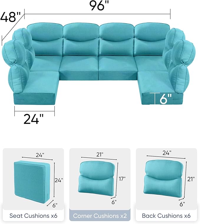 Luxury 24x24x6 Outdoor Seat Cushions for 6-Seat Sectional Sofa Set of 6 - Water-Repellent 14-Piece Patio Cushion Set for Outside Wicker Loveseat Chair L-Shape Couch - Turquoise/Smile