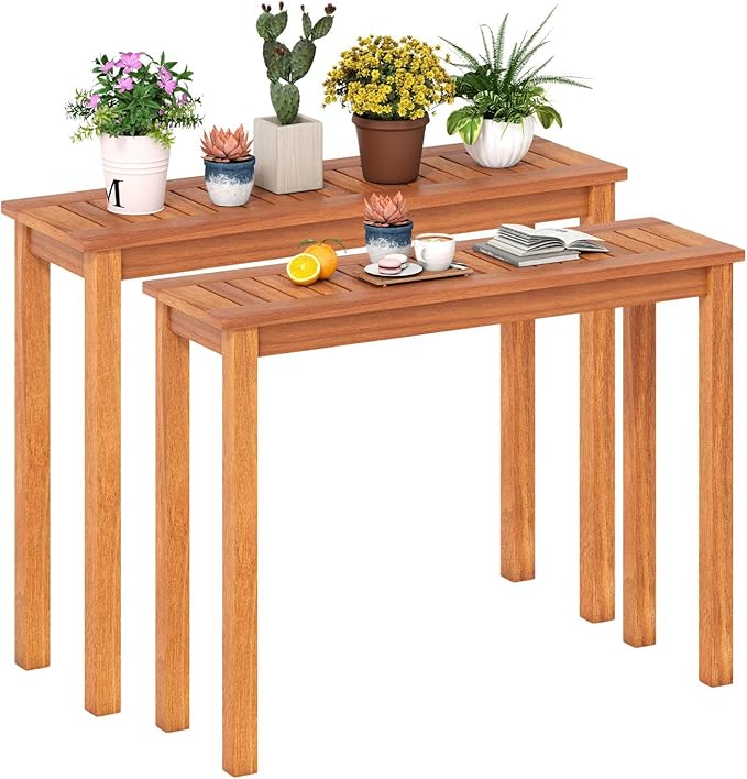 Plant Stand, Outdoor Wooden Planter Pot Holder with Teak Oil Finish & Slatted Top, Garden Planter Bench, Plant Display Rack for Porch, Backyard, Entryway (2, 40” x 12” x 29”)