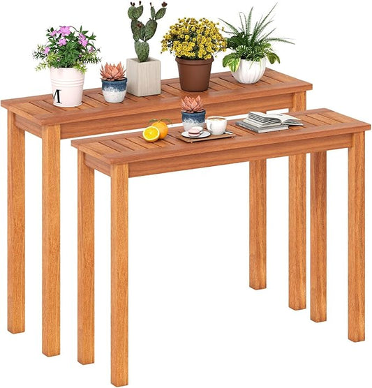 Plant Stand, Outdoor Wooden Planter Pot Holder with Teak Oil Finish & Slatted Top, Garden Planter Bench, Plant Display Rack for Porch, Backyard, Entryway (2, 40” x 12” x 29”)