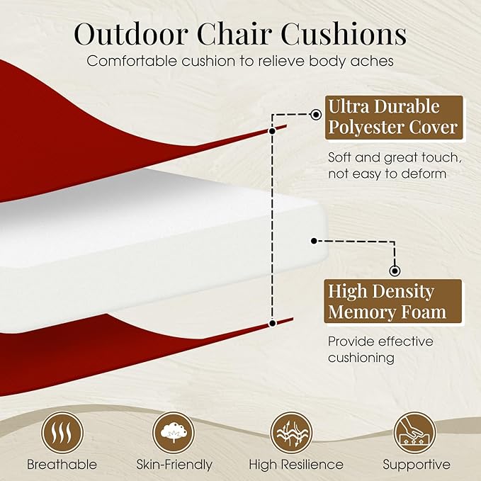 downluxe Outdoor Chair Cushions Set of 4 for Patio Furniture, Water-Resistant Square Corner Patio Chair Cushions with Ties, High Density Foam Outdoor Seat Cushion, 18.5" X 16" X 3", Brick Red