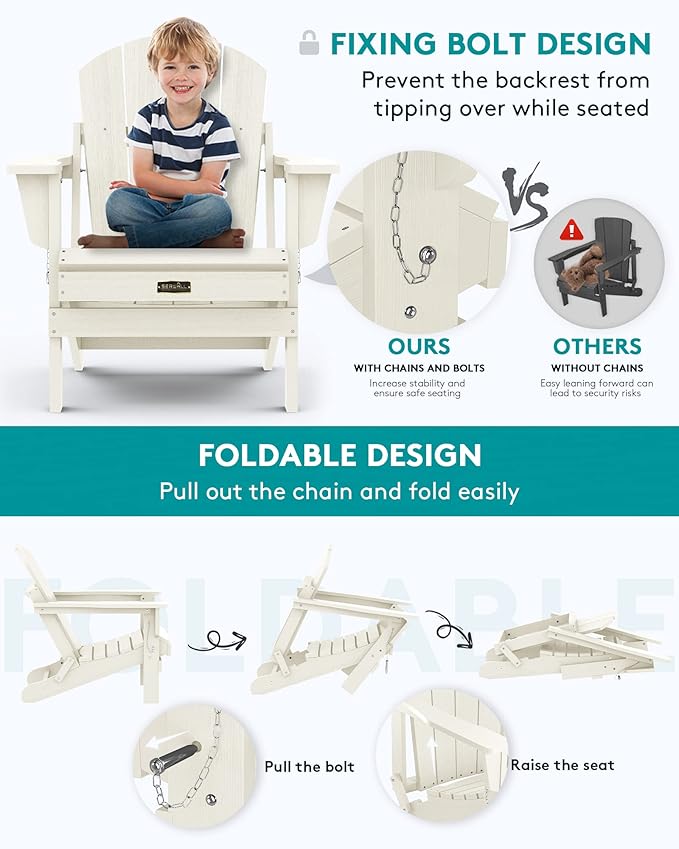 SERWALL Adirondack Chair - Folding Adirondack Chairs Hips Outdoor Chairs Set of 6 Weather Resistant- White