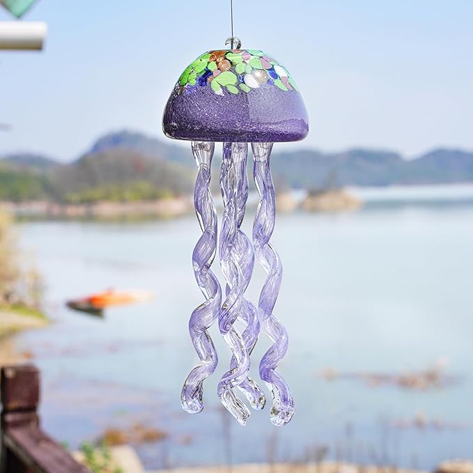 H&D HYALINE & DORA Purple Blown Glass Jellyfish Wind Chime Sea Glass Wind Chimes for Outside Jellyfish Wind Chimes Outdoor Sea Glass Decor for Patio Garden Balcony Porch(14in)