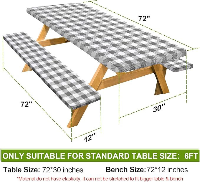 Picnic Table Cover with Bench Covers 6FT 3 Pcs Waterproof Windproof Aesthetic Camping Tablecloth with Drawstring Bag, Fitted for 6 Foot Rectangle Tables and Seats, 72 inch, White Grey Checkered