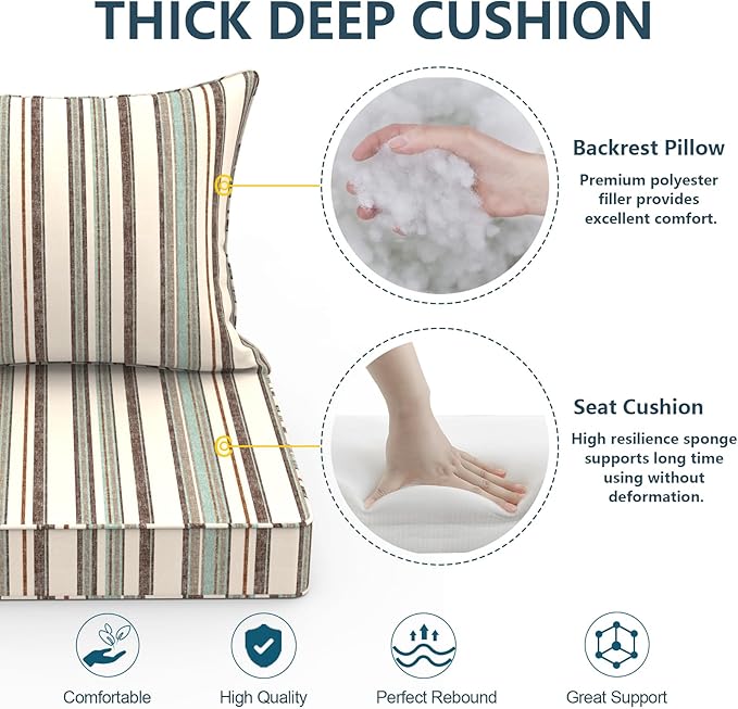 Outdoor Deep Seat Cushion Set, Water Repellent 24"x24" Patio Thick Cushions Replacement with Seat & Back Pillow for Patio Sofa, Wicker Chair, Couch - Stripe Onyx