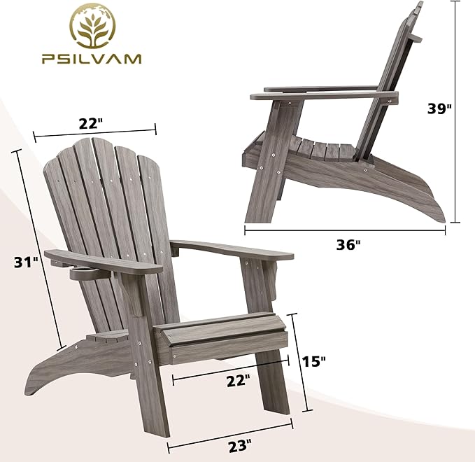 Psilvam Oversized Adirondack Chair, Fade-Resistant & Odor-Free Poly Lumber Fire Pit Chairs with Cup Holder, Weatherproof Lawn Chair, Easy 15 Min Install Patio Chair, 350 Lbs Support (4, Light Gray)