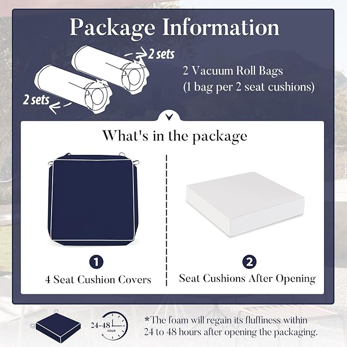 Basic Beyond Outdoor Chair Cushions for Patio Furniture, Waterproof Outdoor Seat Cushions Set of 4 19 x 19, Patio Chair Cushions Set of 4 with Ties and Handle, Navy Blue/White