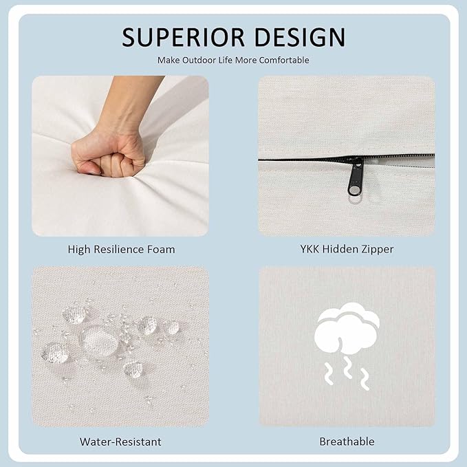 21.5x25.5 Inch Outdoor Deep Seat Cushions Set of 2,Thick High-Density Foam, Water-Resistant, Piped Edges & YKK Hidden Zipper for Patio Furniture,Almond