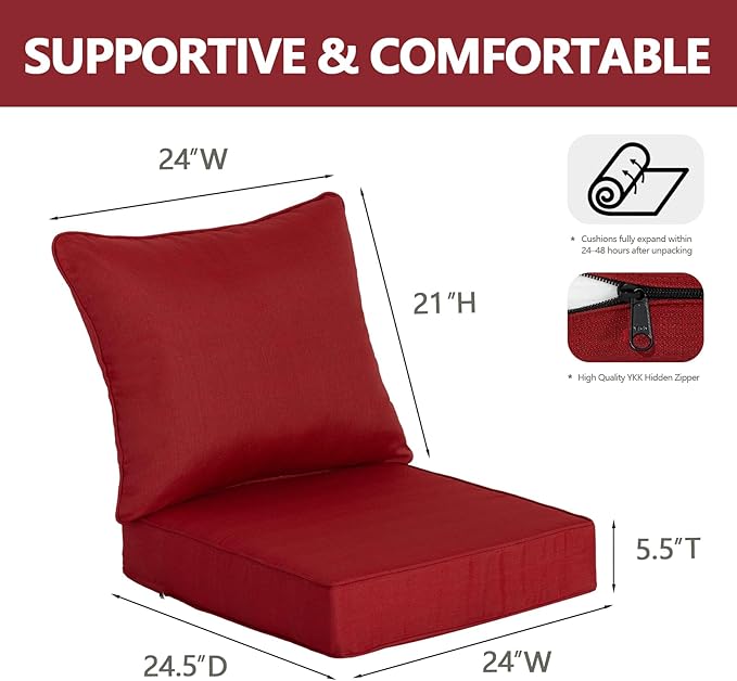 Goodgoods 24x24 inch Outdoor/Indoor Deep Seat Patio Cushion Set of 1 Resilient Foam Filling Water Repellent Stain-Resistant UV Resistant Weather Resistant Deep Seat Bottom Chili
