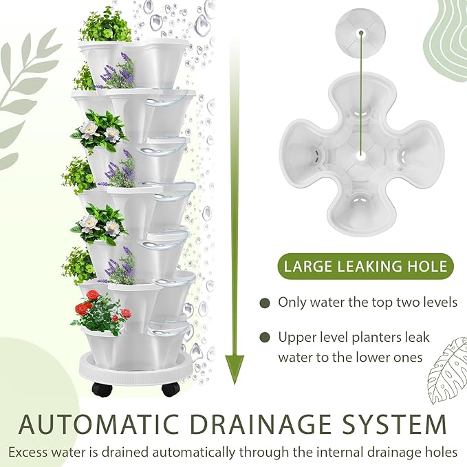 Umigy 1 Set White 7 Tier Vertical Planter Stackable Tower Planters Strawberry Herb Flower and Vegetable Pots Indoor Outdoor Gardening Pots with Removable Wheels and Tools
