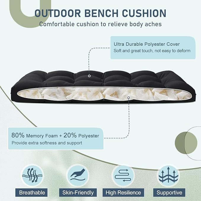downluxe Outdoor Bench Cushion for Patio Furniture, Waterproof Tufted Overstuffed Porch Swing Cushions, Thick Outdoor Loveseat Cushions, 48" X 18" X 5", Black, Set of 1