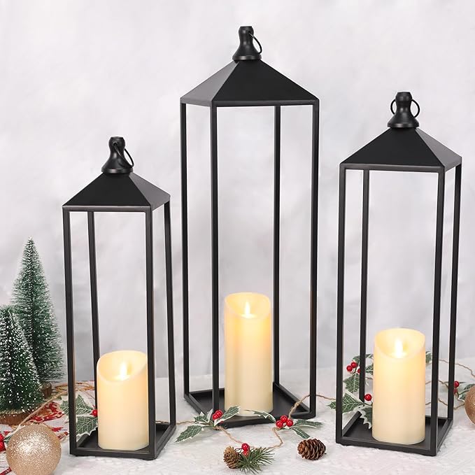 22'' 19'' 17'' Lanterns Decorative Outdoor Indoor, Set of 3 Black Metal Candle Lanterns Christmas Lanterns Modern Farmhouse Floor Lantern Decor for Room, Porch, Mantle, Patio, Garden